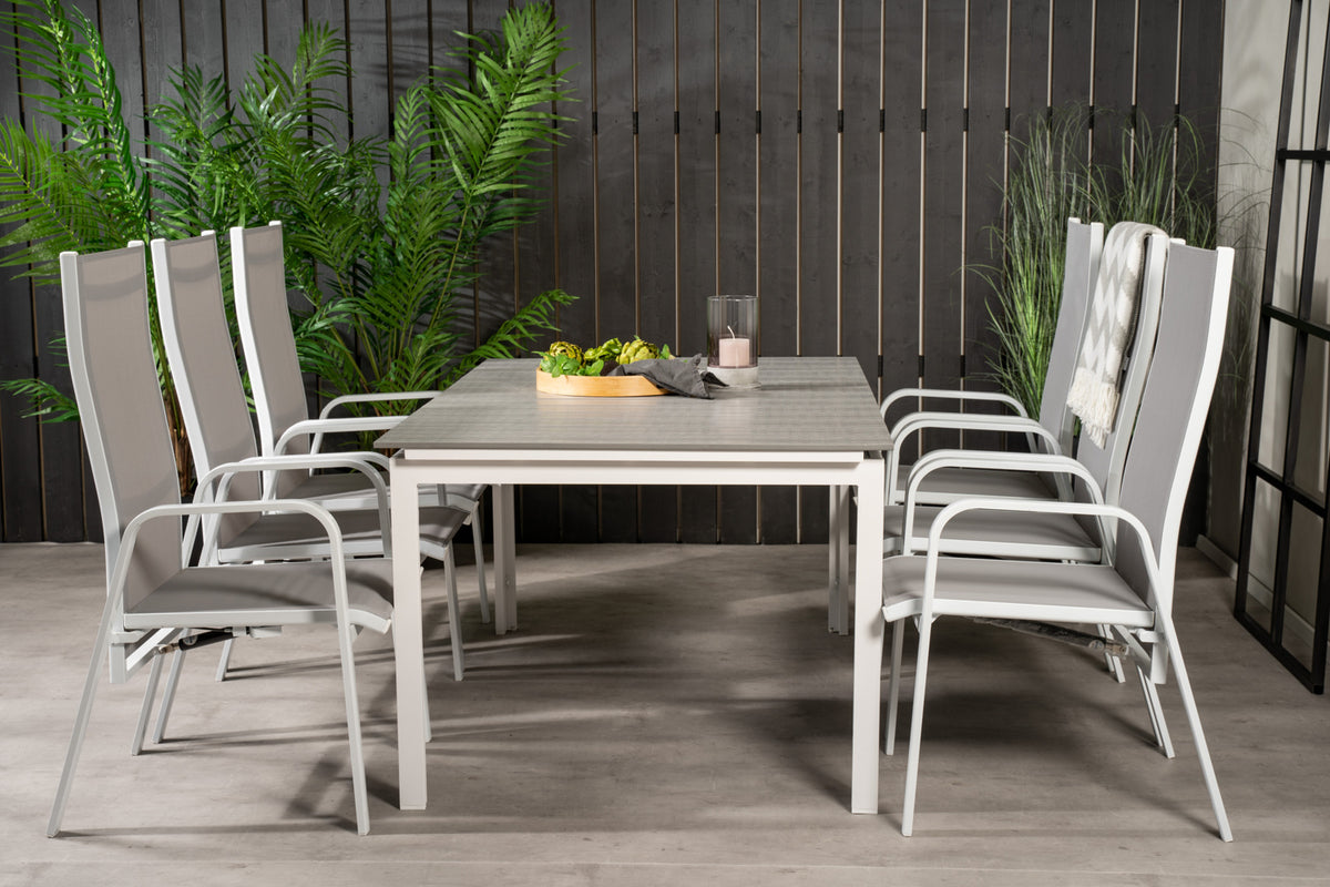 Venture Design Levels & Copacabana Rektangulära Matbord 160 x 100 Vit + Reclinerstolar 2-pack Grå