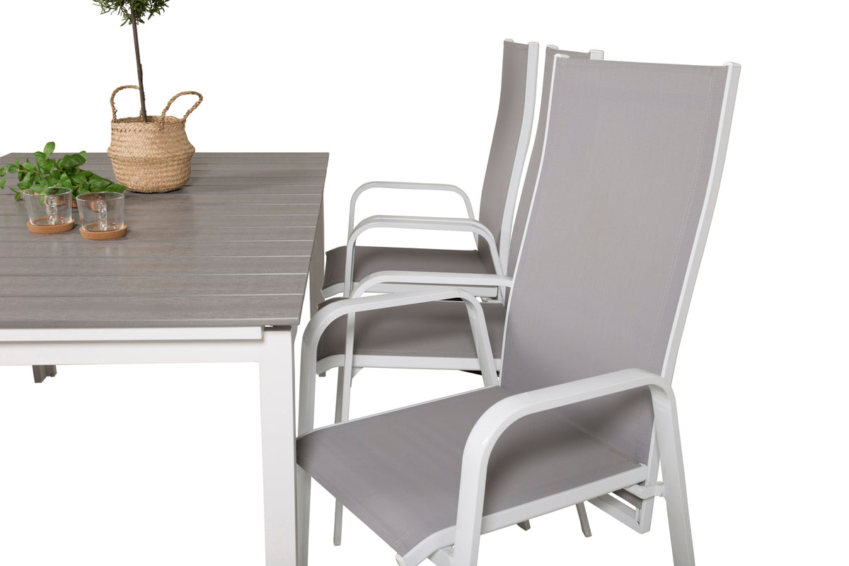 Venture Design Levels & Copacabana Rektangulära Matbord 160 x 100 Vit + Reclinerstolar 2-pack Grå