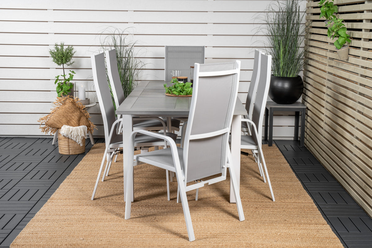 Venture Design Albany & Copacabana Rektangulära Matbord 152 x 90 Vit + Reclinerstolar 2-pack Grå
