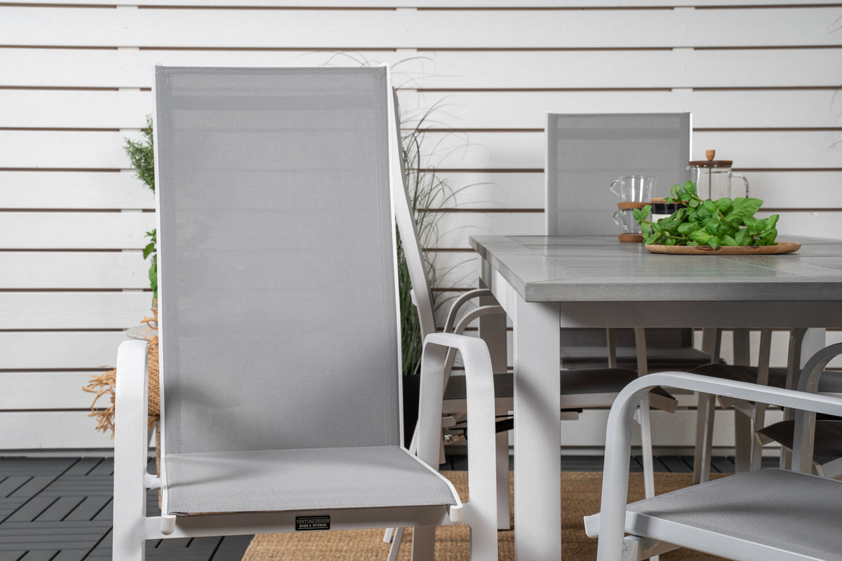 Venture Design Albany & Copacabana Rektangulära Matbord 152 x 90 Vit + Reclinerstolar 2-pack Grå