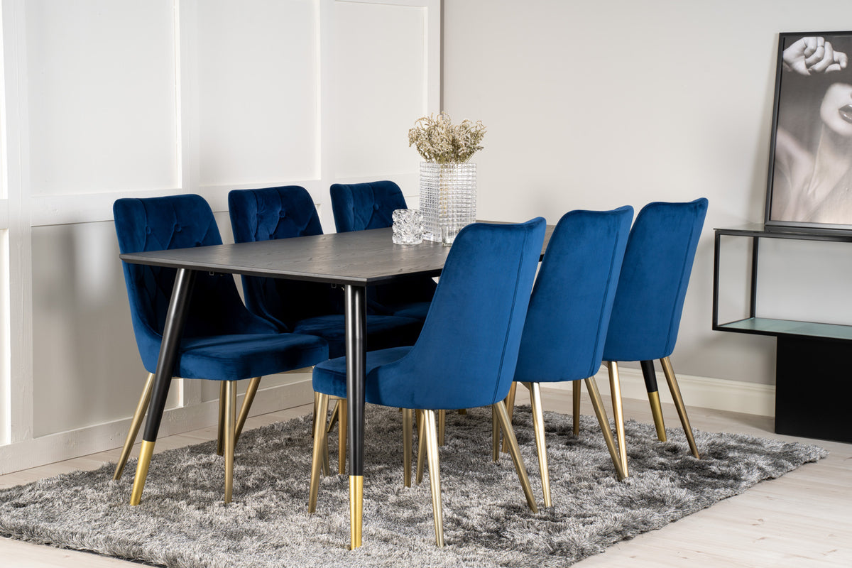 Venture Design Dipp & Velvet Deluxe Rektangulära Matbord 180 x 90 Svart + Matstolar 2-pack Blå