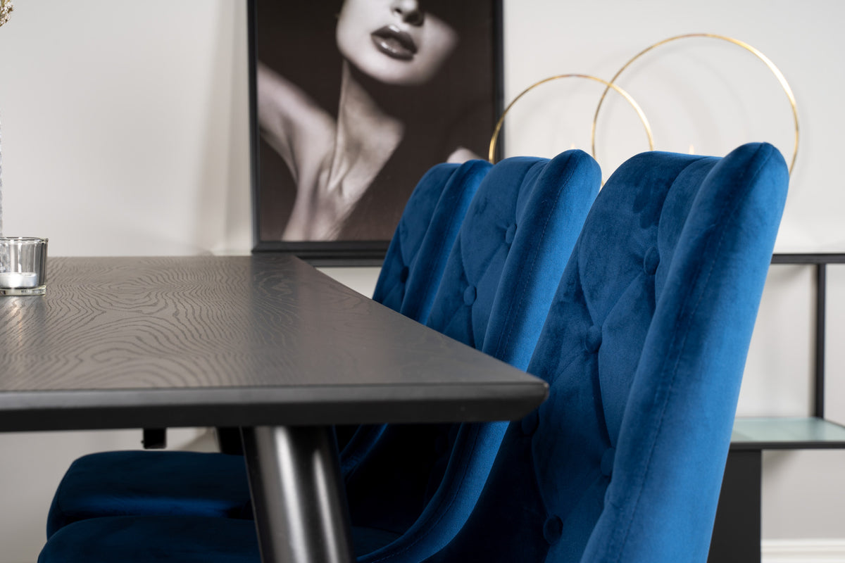 Venture Design Dipp & Velvet Deluxe Rektangulära Matbord 180 x 90 Svart + Matstolar 2-pack Blå
