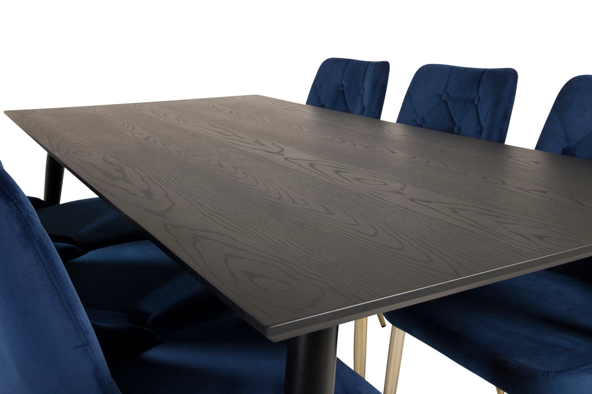 Venture Design Dipp & Velvet Deluxe Rektangulära Matbord 180 x 90 Svart + Matstolar 2-pack Blå