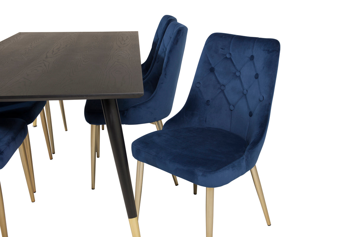 Venture Design Dipp & Velvet Deluxe Rektangulära Matbord 180 x 90 Svart + Matstolar 2-pack Blå
