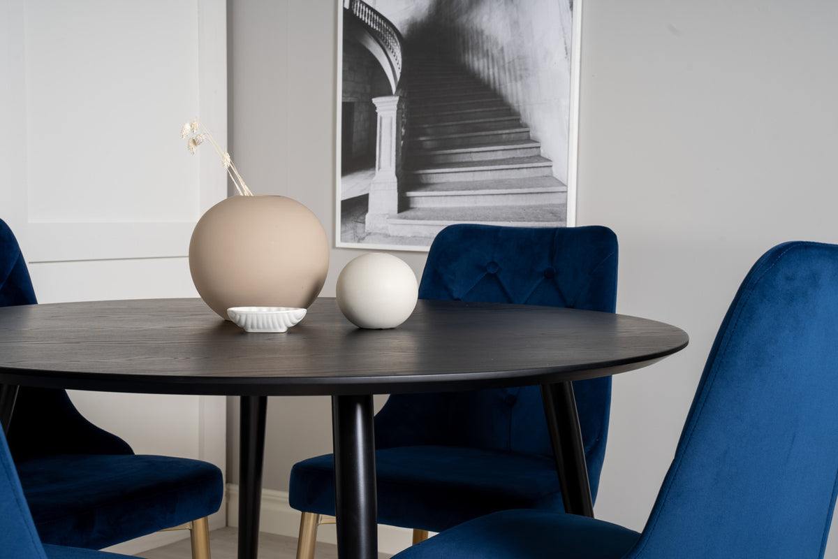 Venture Design Dipp & Velvet Deluxe Runda Matbord ⌀115 Svart + Matstolar 2-pack Blå