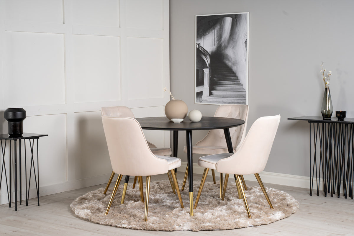 Venture Design Dipp & Velvet Deluxe Runda Matbord ⌀115 Svart + Matstolar 2-pack Beige
