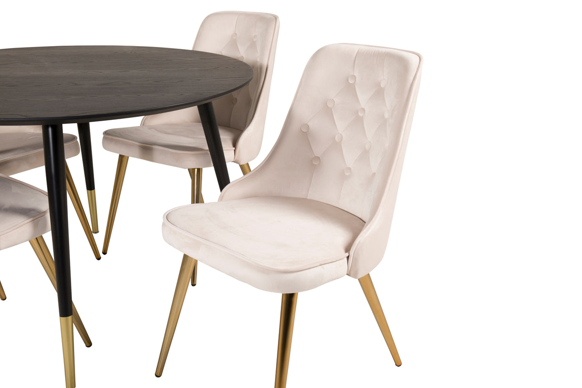 Venture Design Dipp & Velvet Deluxe Runda Matbord ⌀115 Svart + Matstolar 2-pack Beige