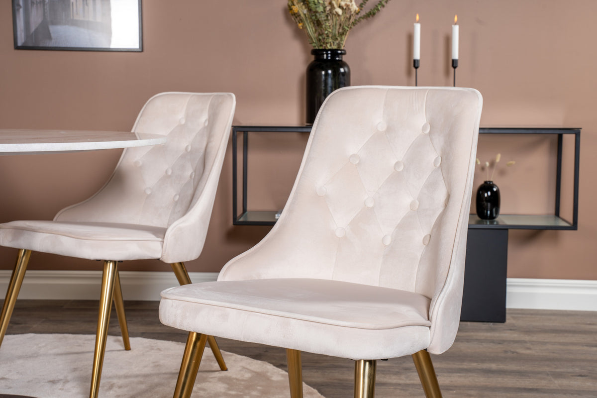 Venture Design Estelle & Velvet Deluxe Runda Matbord ⌀106 Vit + Matstolar 2-pack Beige