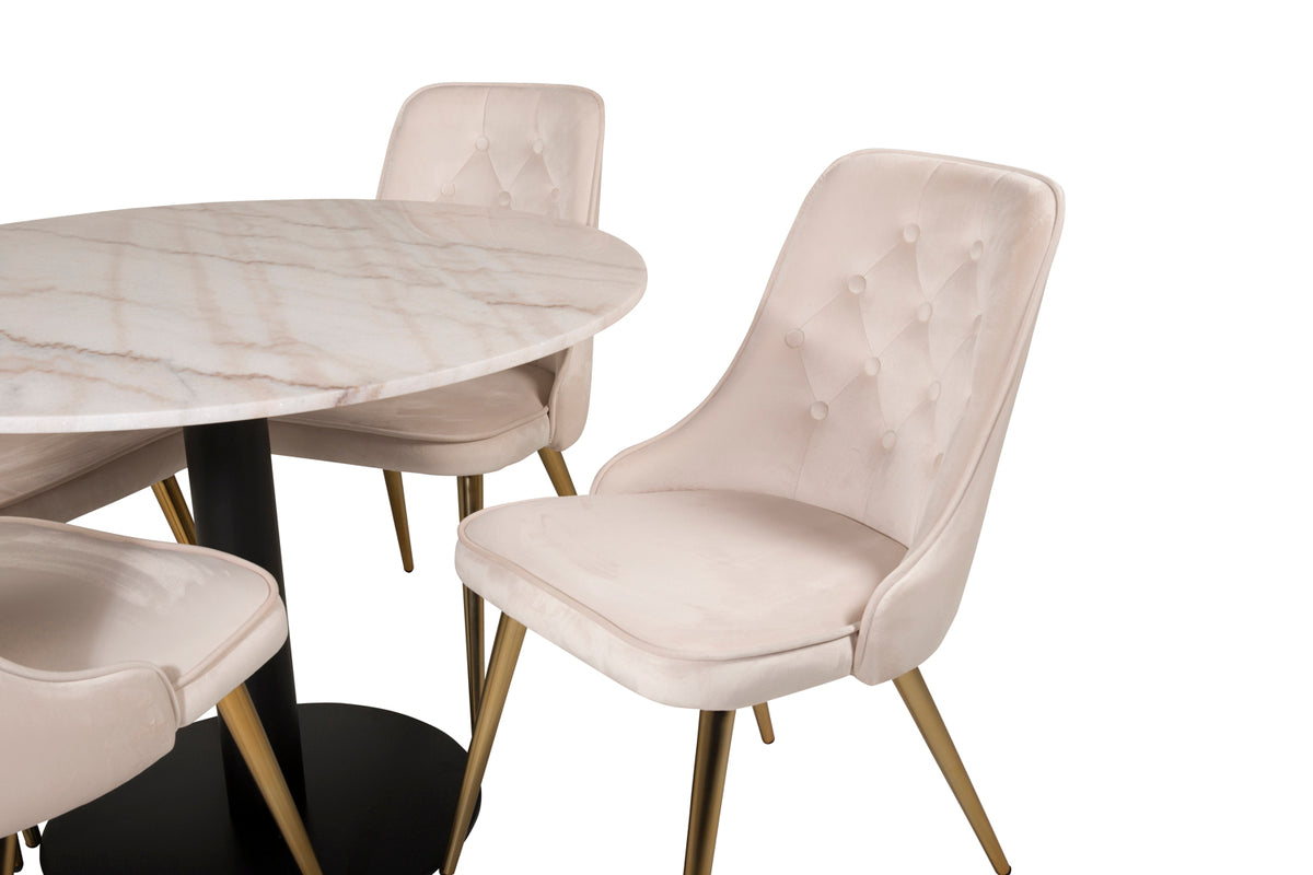 Venture Design Estelle & Velvet Deluxe Runda Matbord ⌀106 Vit + Matstolar 2-pack Beige