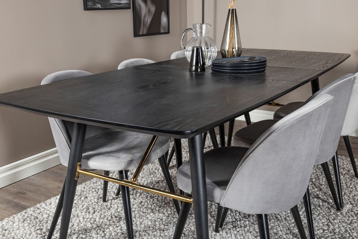 Venture Design Gold & Velvet Rektangulära Matbord 180 x 85 Svart + Matstolar 2-pack Grå
