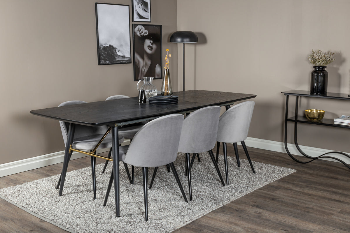 Venture Design Gold & Velvet Rektangulära Matbord 180 x 85 Svart + Matstolar 2-pack Grå