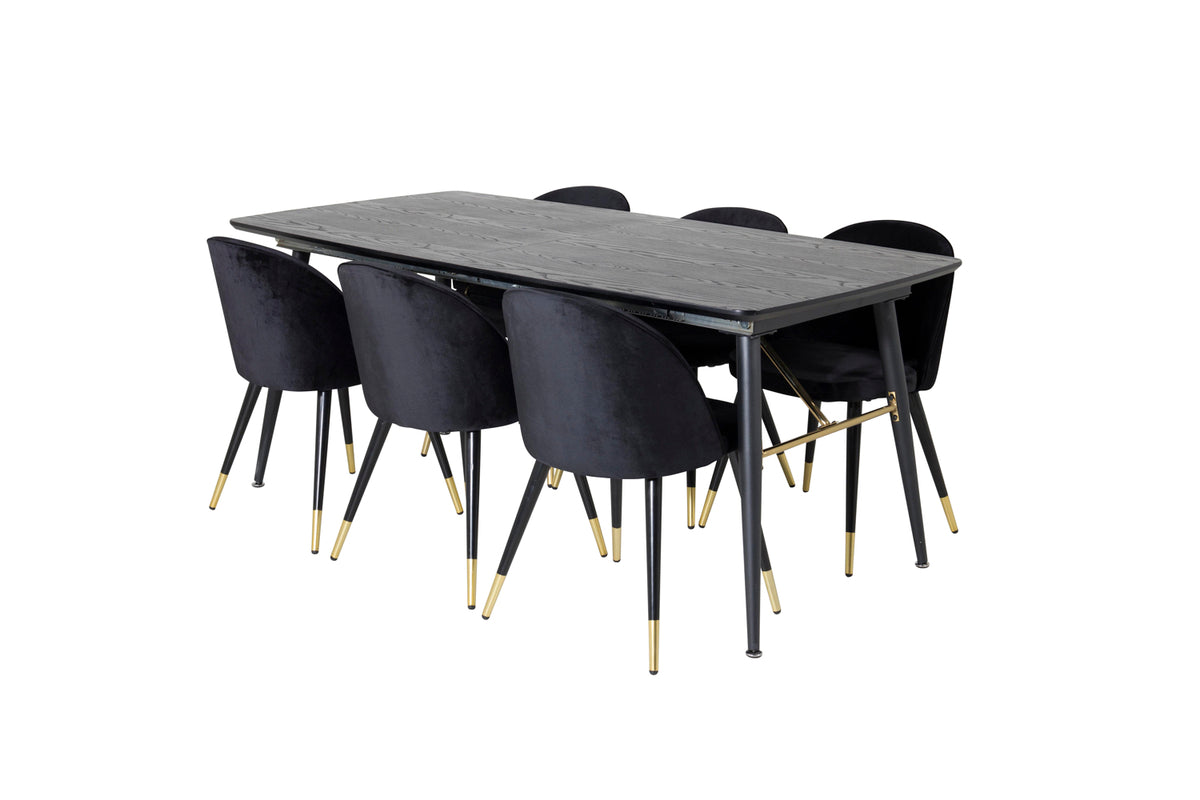 Venture Design Gold & Velvet Rektangulära Matbord 180 x 85 Svart + Matstolar 2-pack Svart