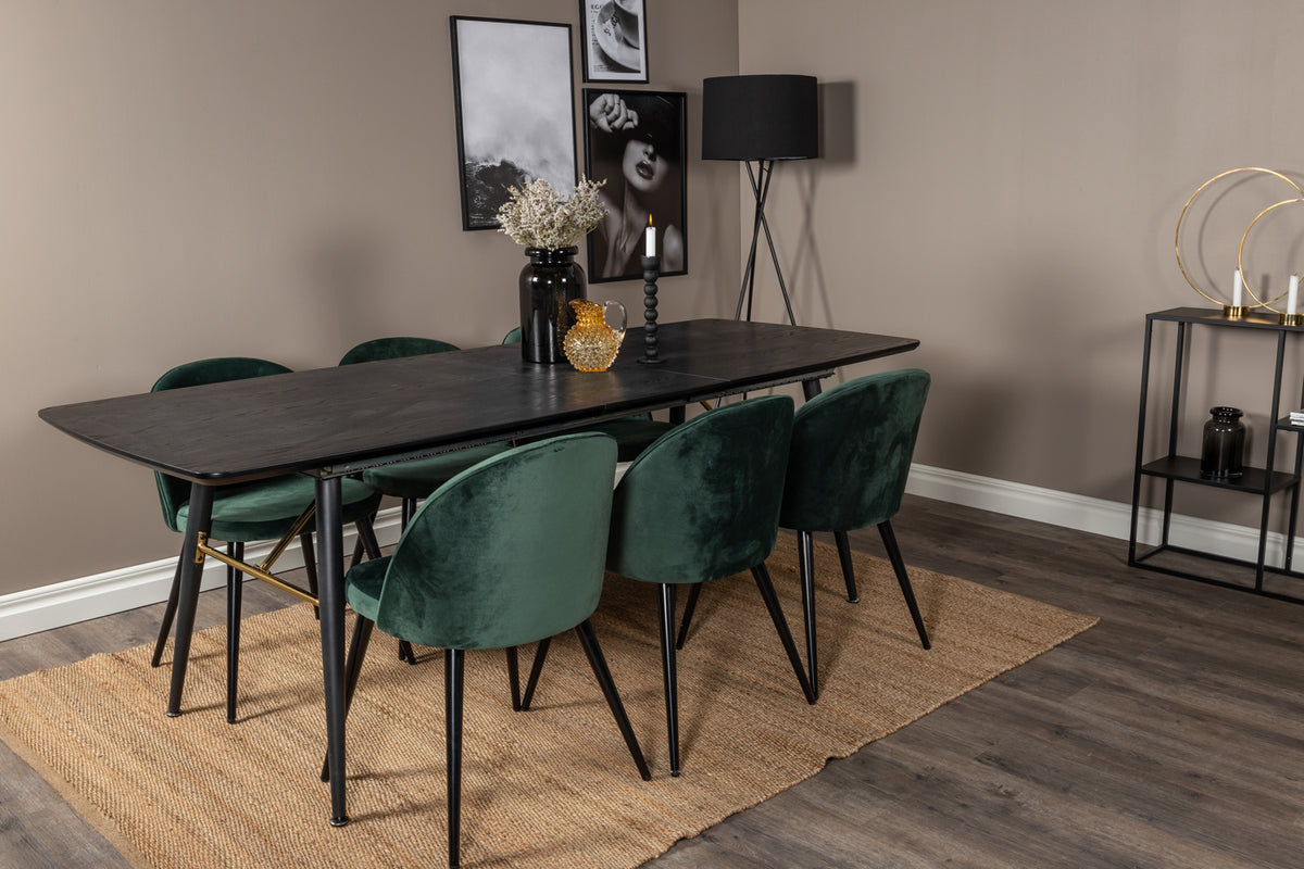 Venture Design Gold & Velvet Rektangulära Matbord 180 x 85 Svart + Matstolar 2-pack Grön