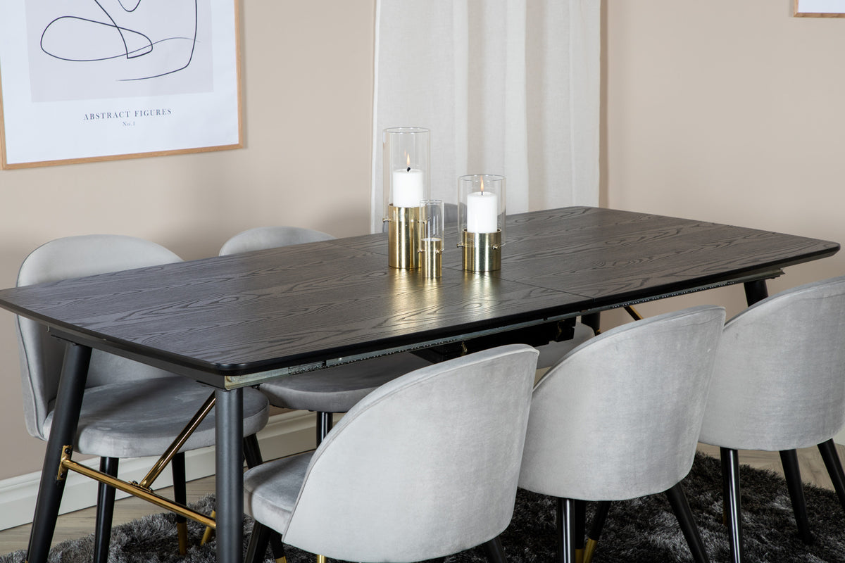 Venture Design Gold & Velvet Rektangulära Matbord 180 x 85 Svart + Matstolar 2-pack Grå