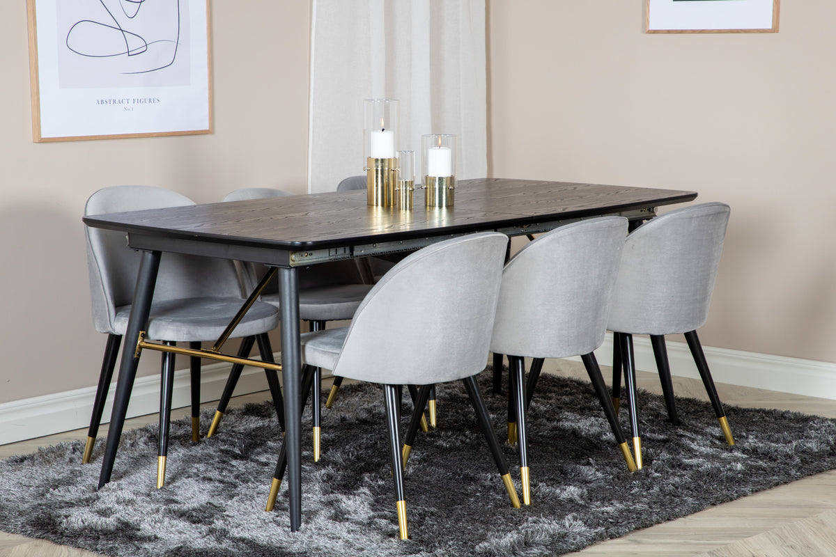 Venture Design Gold & Velvet Rektangulära Matbord 180 x 85 Svart + Matstolar 2-pack Grå