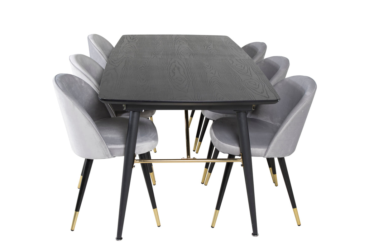 Venture Design Gold & Velvet Rektangulära Matbord 180 x 85 Svart + Matstolar 2-pack Grå