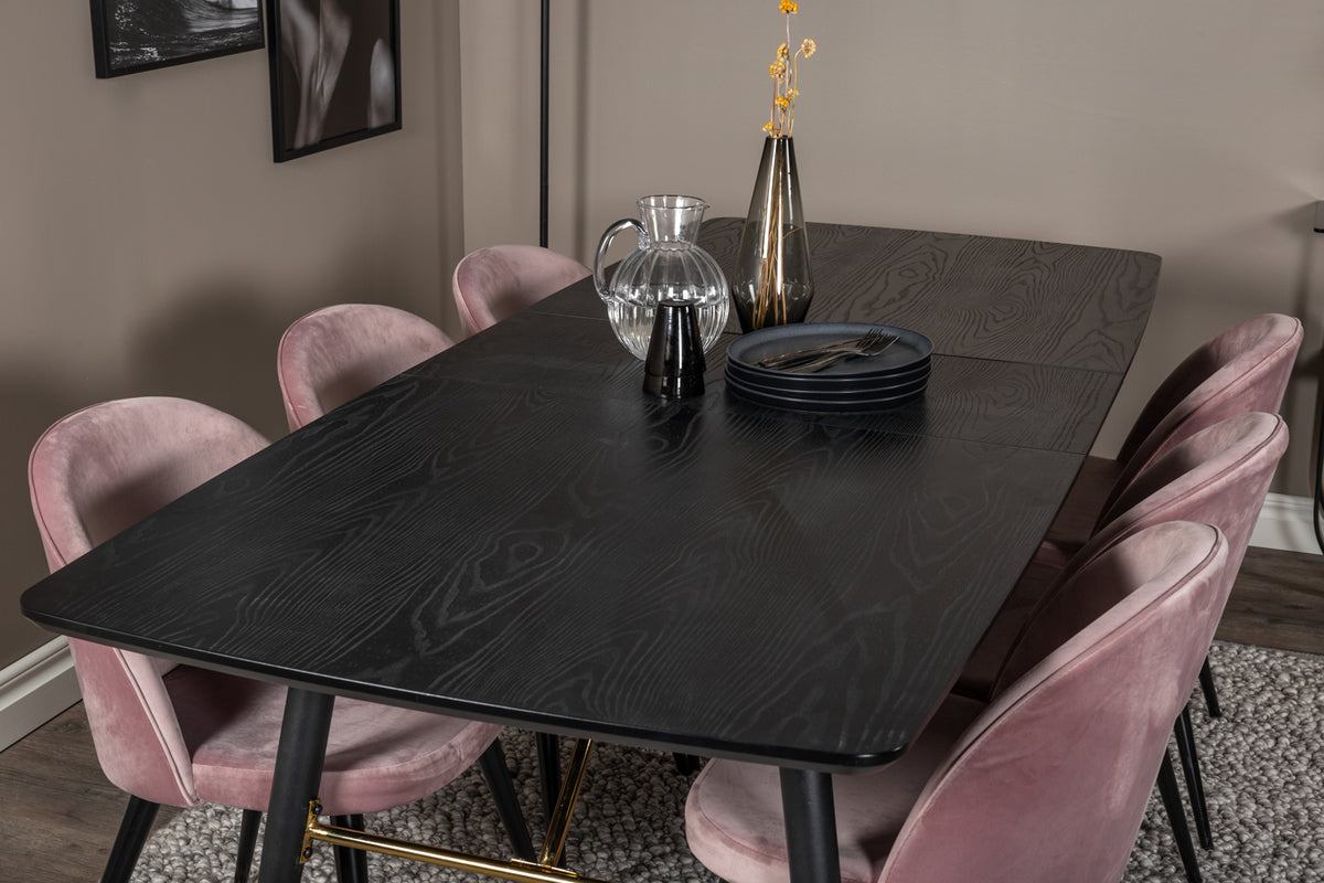 Venture Design Gold & Velvet Rektangulära Matbord 180 x 85 Svart + Matstolar 2-pack Gammelrosa