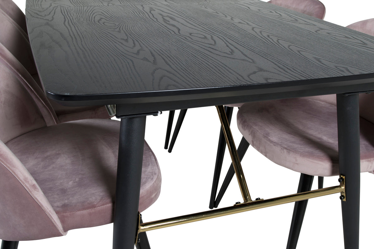 Venture Design Gold & Velvet Rektangulära Matbord 180 x 85 Svart + Matstolar 2-pack Gammelrosa