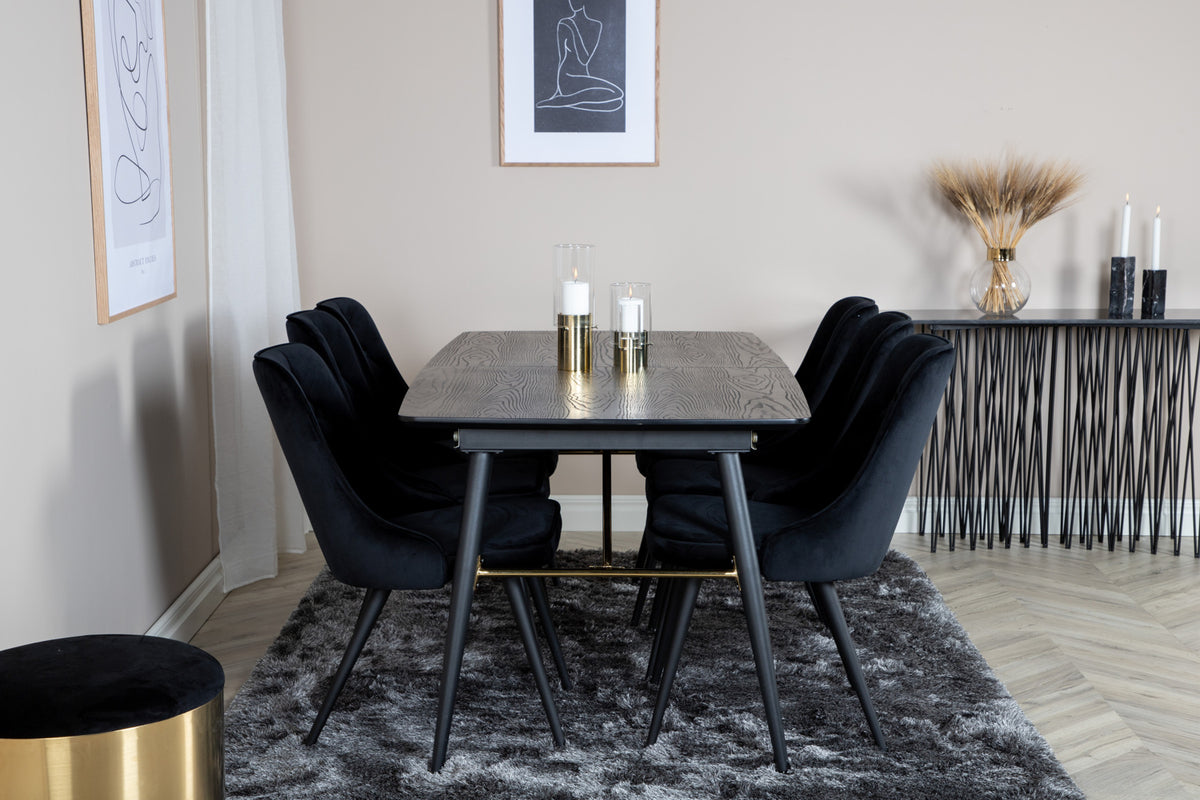 Venture Design Gold & Velvet Deluxe Matbord 85x180 + Matstolar Svart