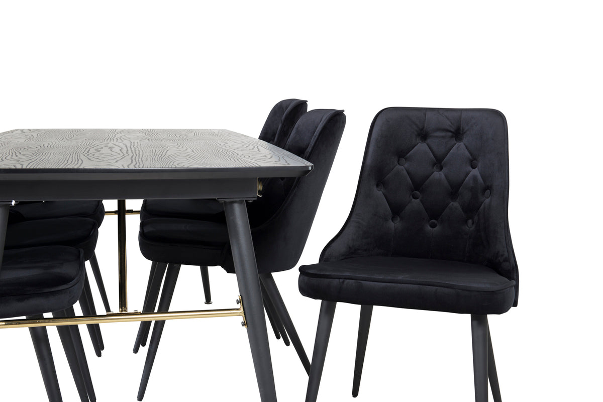 Venture Design Gold & Velvet Deluxe Matbord 85x180 + Matstolar Svart