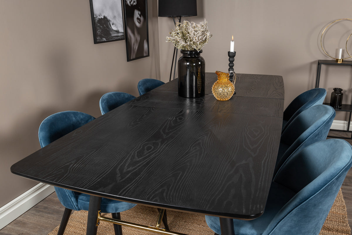 Venture Design Gold & Velvet Rektangulära Matbord 180 x 85 Svart + Matstolar 2-pack Blå