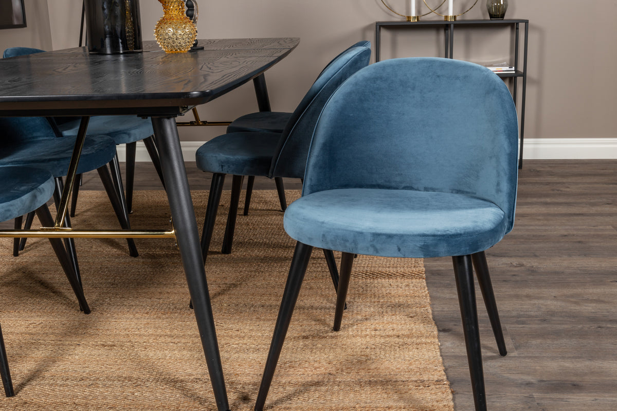 Venture Design Gold & Velvet Rektangulära Matbord 180 x 85 Svart + Matstolar 2-pack Blå