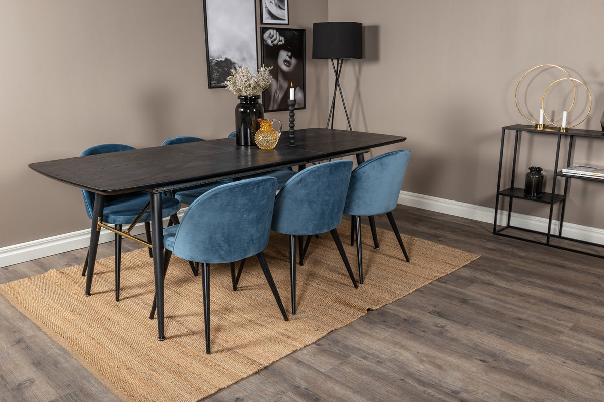 Venture Design Gold & Velvet Rektangulära Matbord 180 x 85 Svart + Matstolar 2-pack Blå
