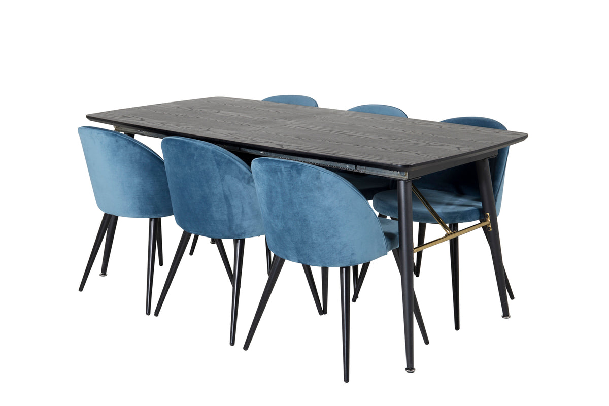 Venture Design Gold & Velvet Rektangulära Matbord 180 x 85 Svart + Matstolar 2-pack Blå