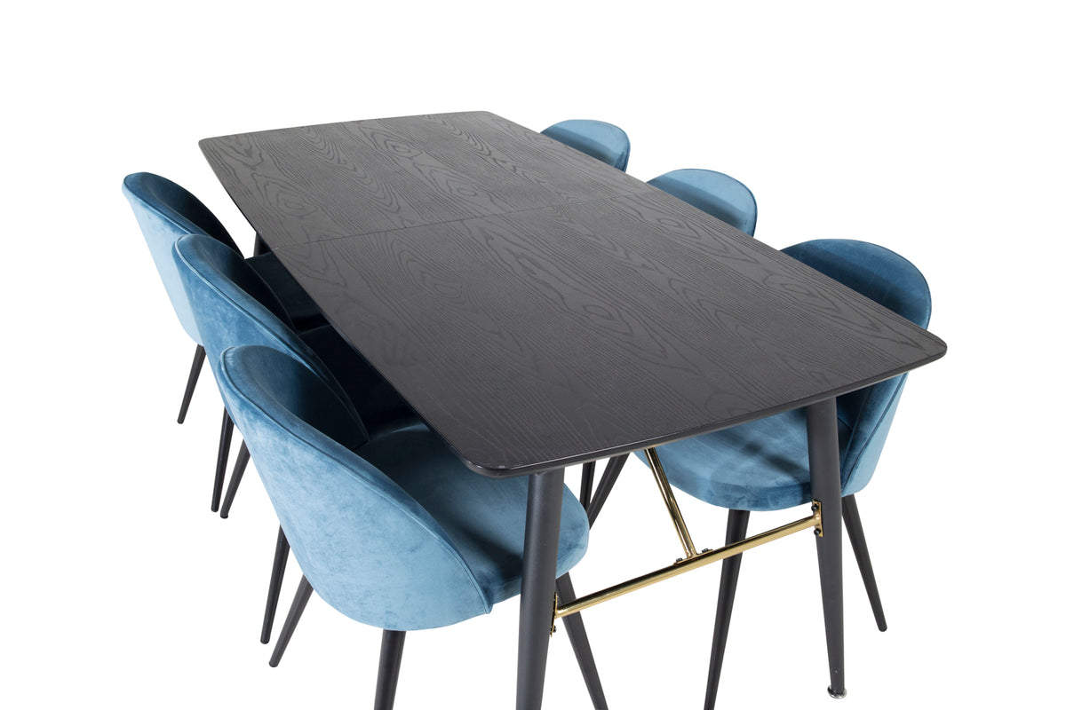 Venture Design Gold & Velvet Rektangulära Matbord 180 x 85 Svart + Matstolar 2-pack Blå
