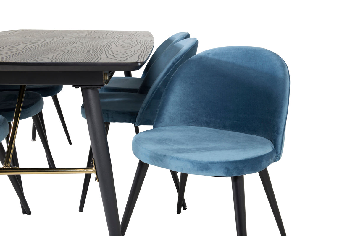 Venture Design Gold & Velvet Rektangulära Matbord 180 x 85 Svart + Matstolar 2-pack Blå