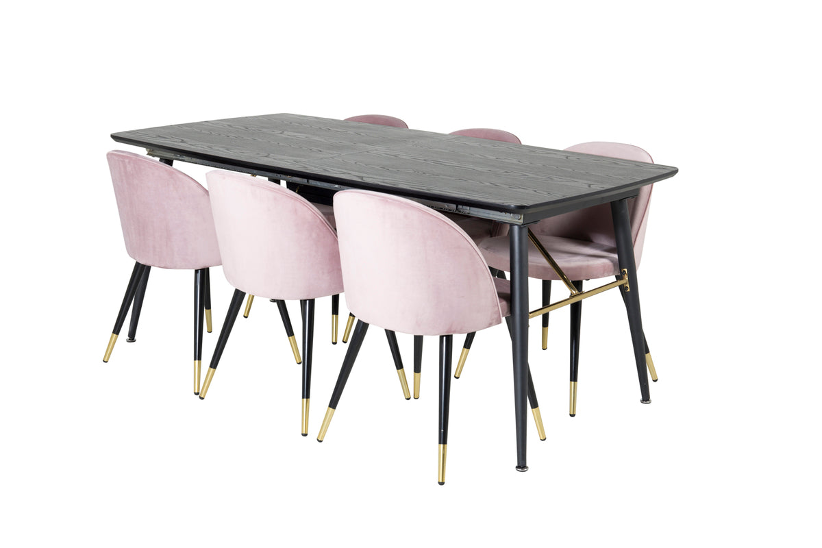 Venture Design Gold & Velvet Rektangulära Matbord 180 x 85 Svart + Matstolar 2-pack Gammelrosa