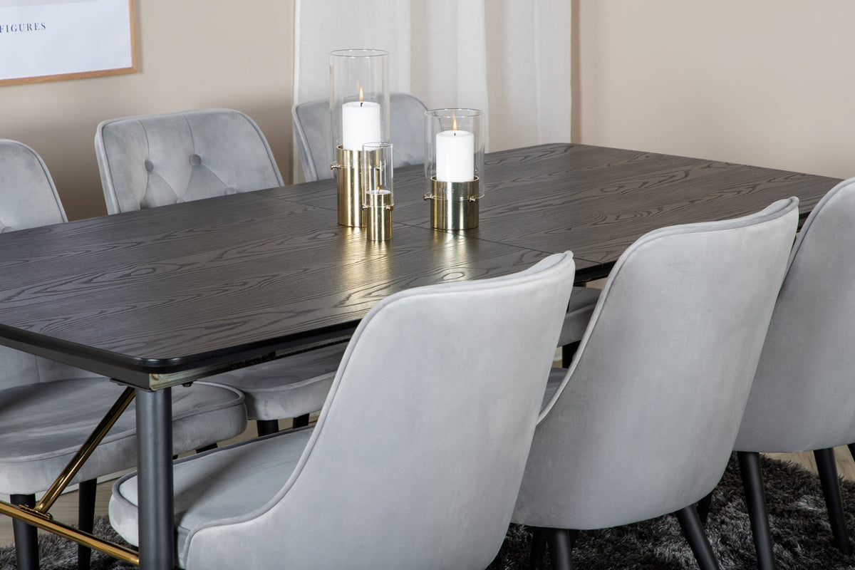 Venture Design Gold & Velvet Deluxe Rektangulära Matbord 180 x 85 Svart + Matstolar 2-pack Ljusgrå