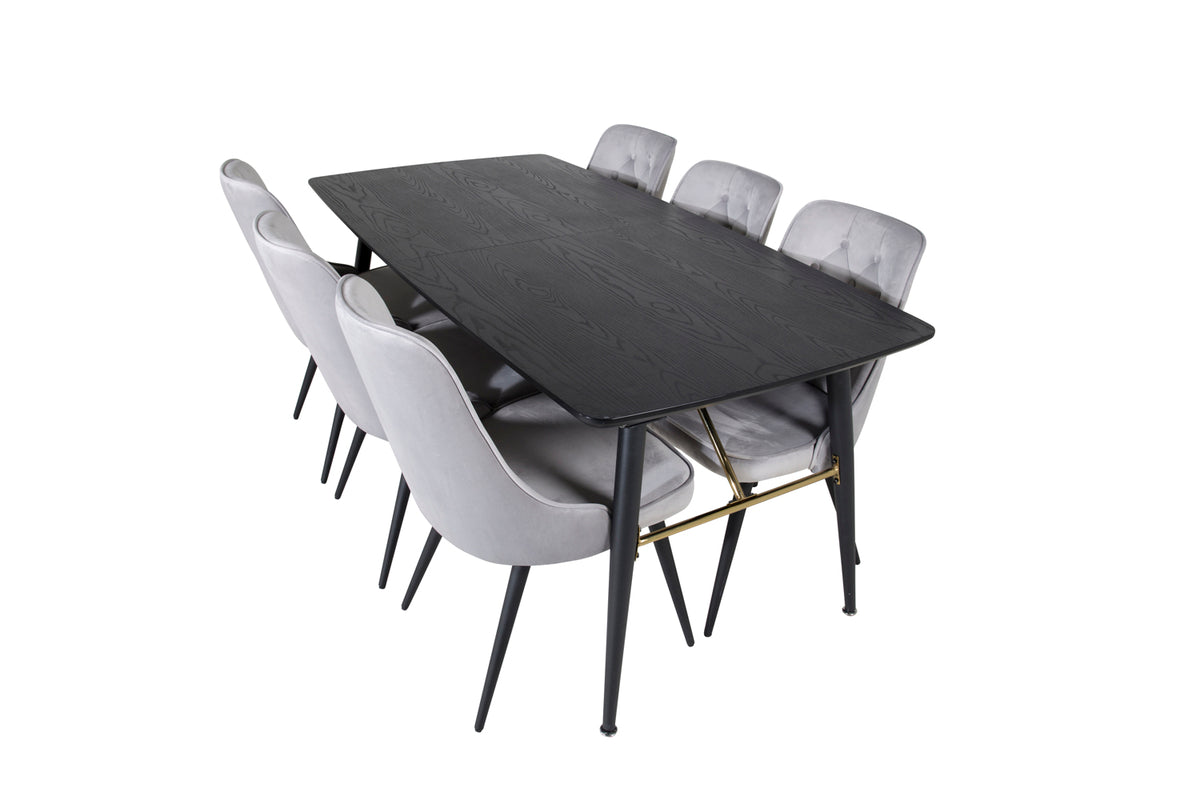 Venture Design Gold & Velvet Deluxe Rektangulära Matbord 180 x 85 Svart + Matstolar 2-pack Ljusgrå