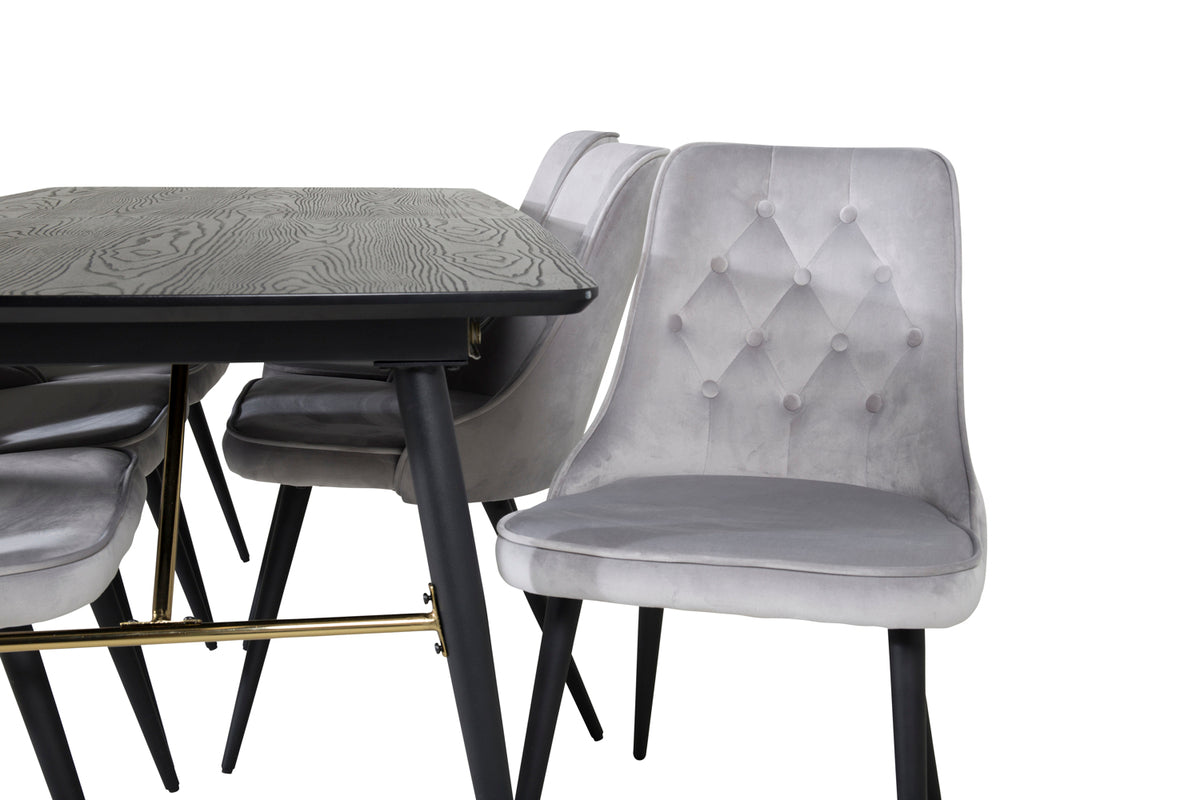 Venture Design Gold & Velvet Deluxe Rektangulära Matbord 180 x 85 Svart + Matstolar 2-pack Ljusgrå