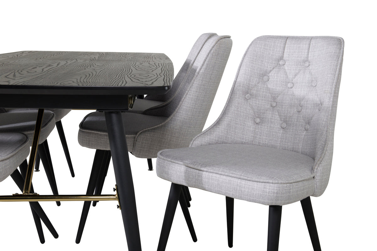 Venture Design Gold & Velvet Deluxe Rektangulära Matbord 180 x 85 Svart + Matstolar 2-pack Grå
