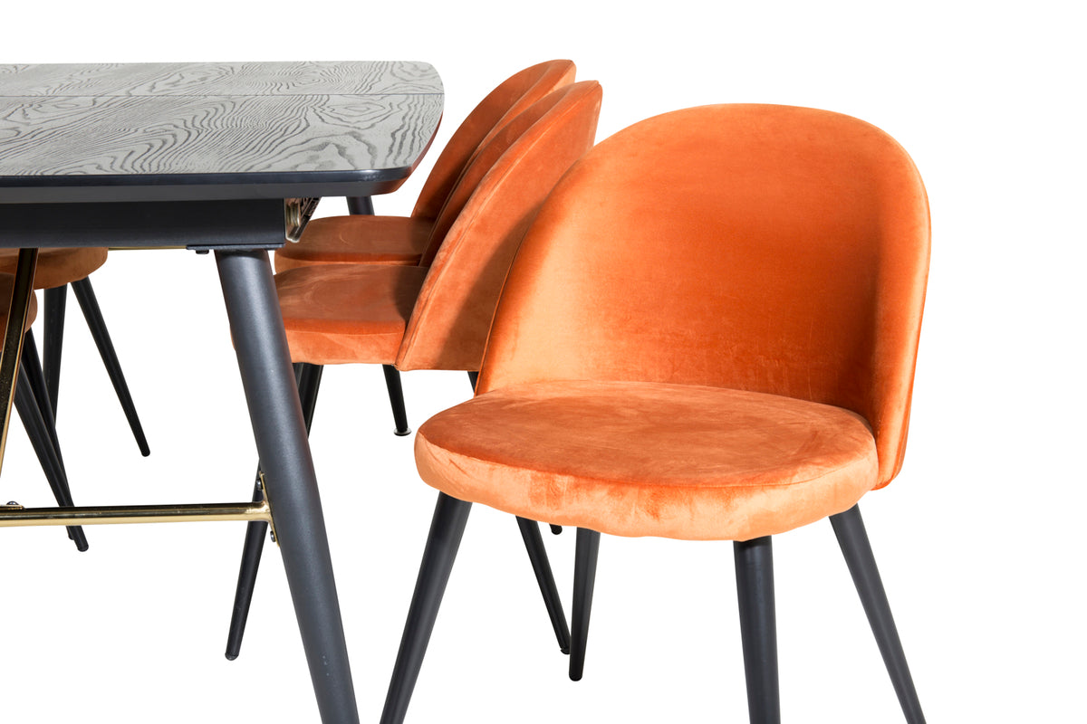 Venture Design Gold & Velvet Rektangulära Matbord 180 x 85 Svart + Matstolar 2-pack Rostig orange