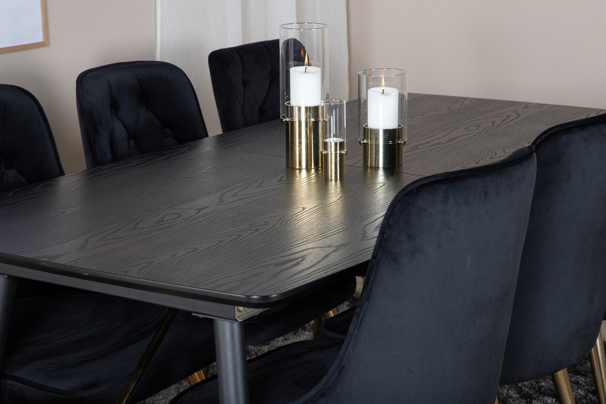 Venture Design Gold & Velvet Deluxe Rektangulära Matbord 180 x 85 Svart + Matstolar 2-pack Svart