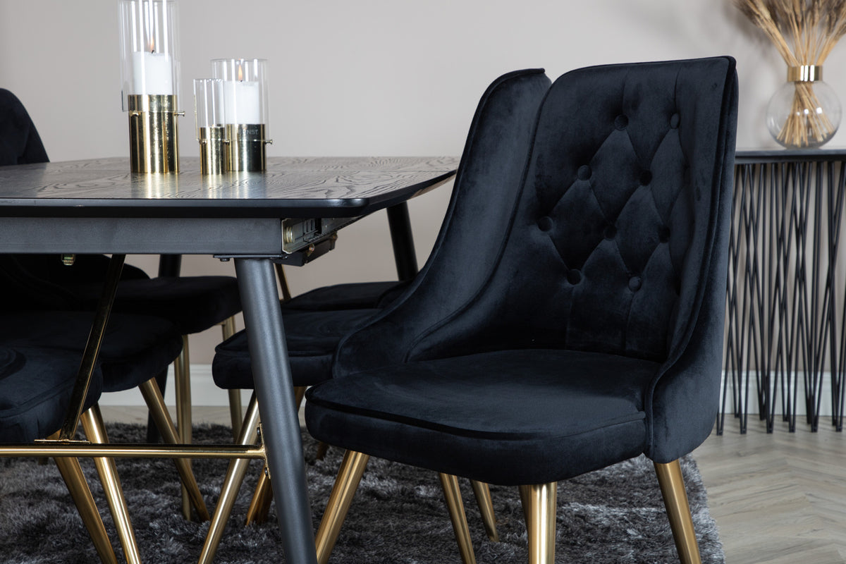 Venture Design Gold & Velvet Deluxe Rektangulära Matbord 180 x 85 Svart + Matstolar 2-pack Svart