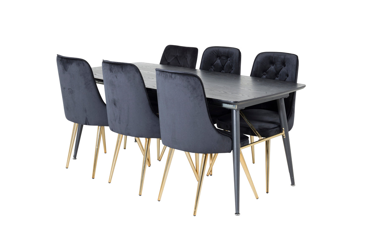 Venture Design Gold & Velvet Deluxe Rektangulära Matbord 180 x 85 Svart + Matstolar 2-pack Svart