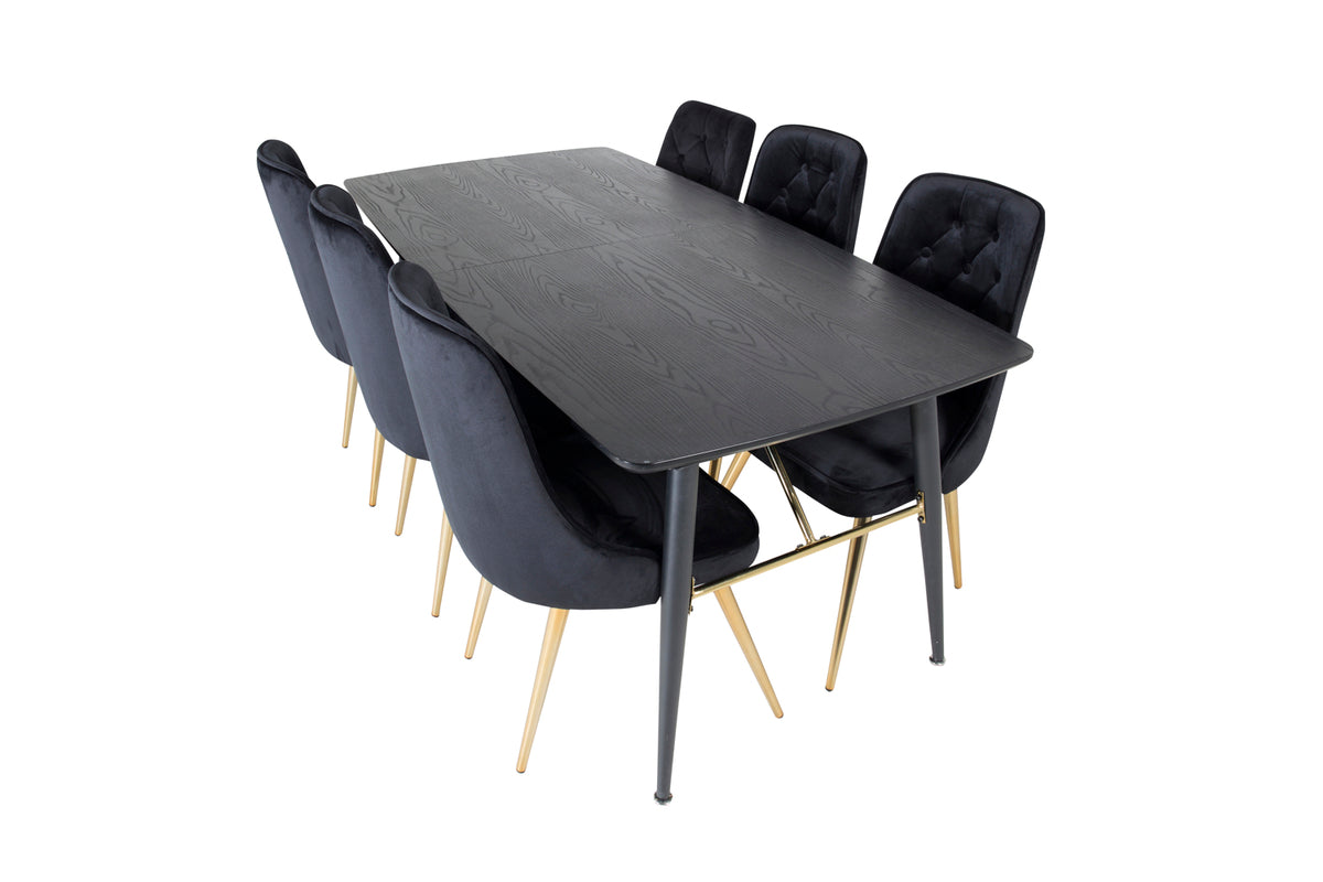 Venture Design Gold & Velvet Deluxe Rektangulära Matbord 180 x 85 Svart + Matstolar 2-pack Svart