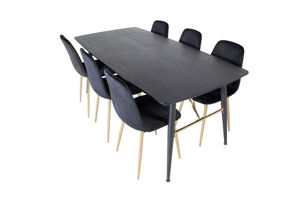 Venture Design Gold & Polar Matbord 85x180 + Matstolar Svart