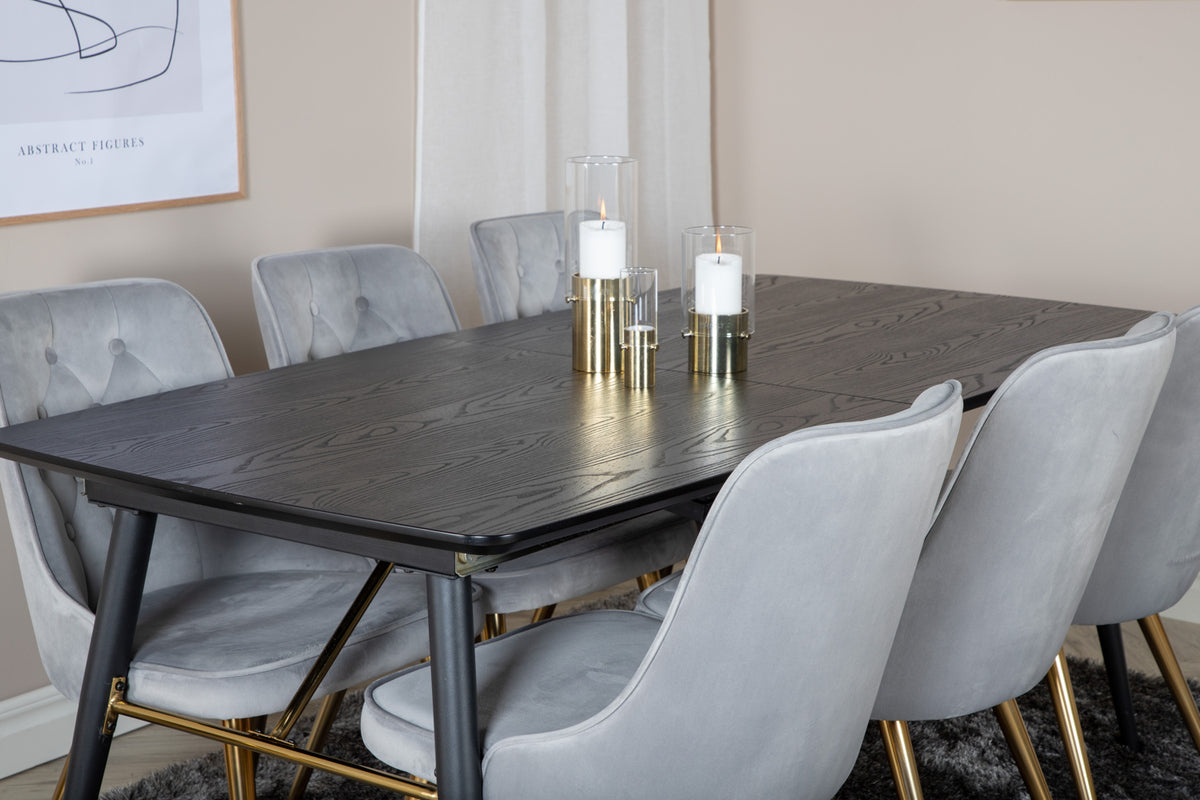 Venture Design Gold & Velvet Deluxe Matbord 85x180 + Matstolar Grå
