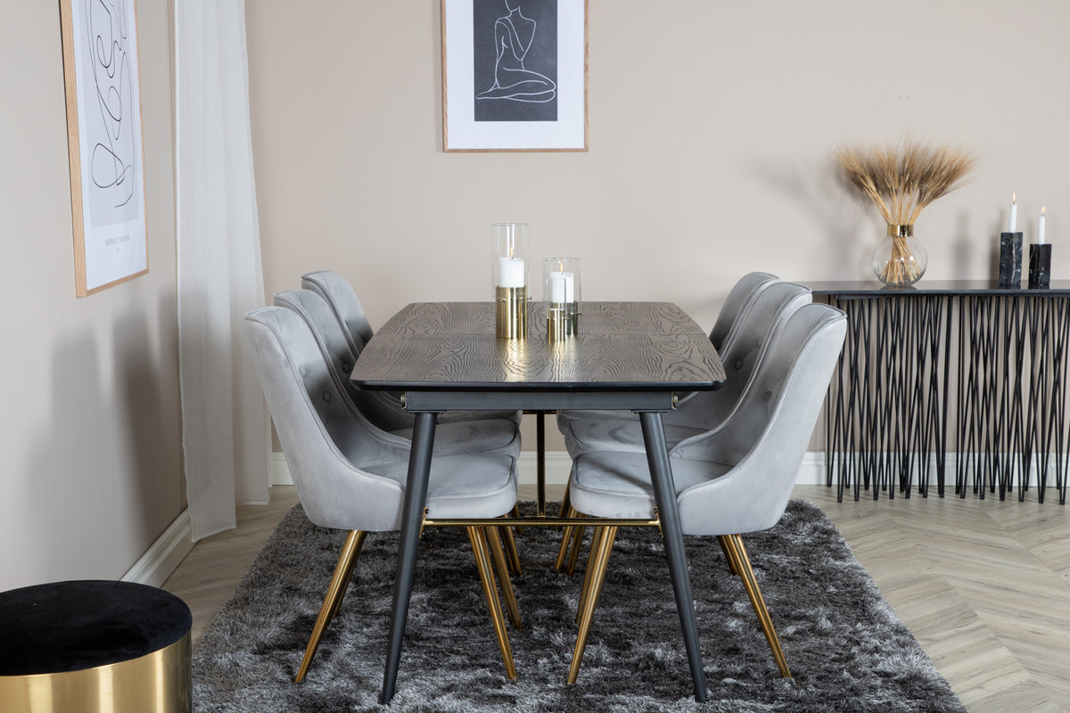 Venture Design Gold & Velvet Deluxe Matbord 85x180 + Matstolar Grå