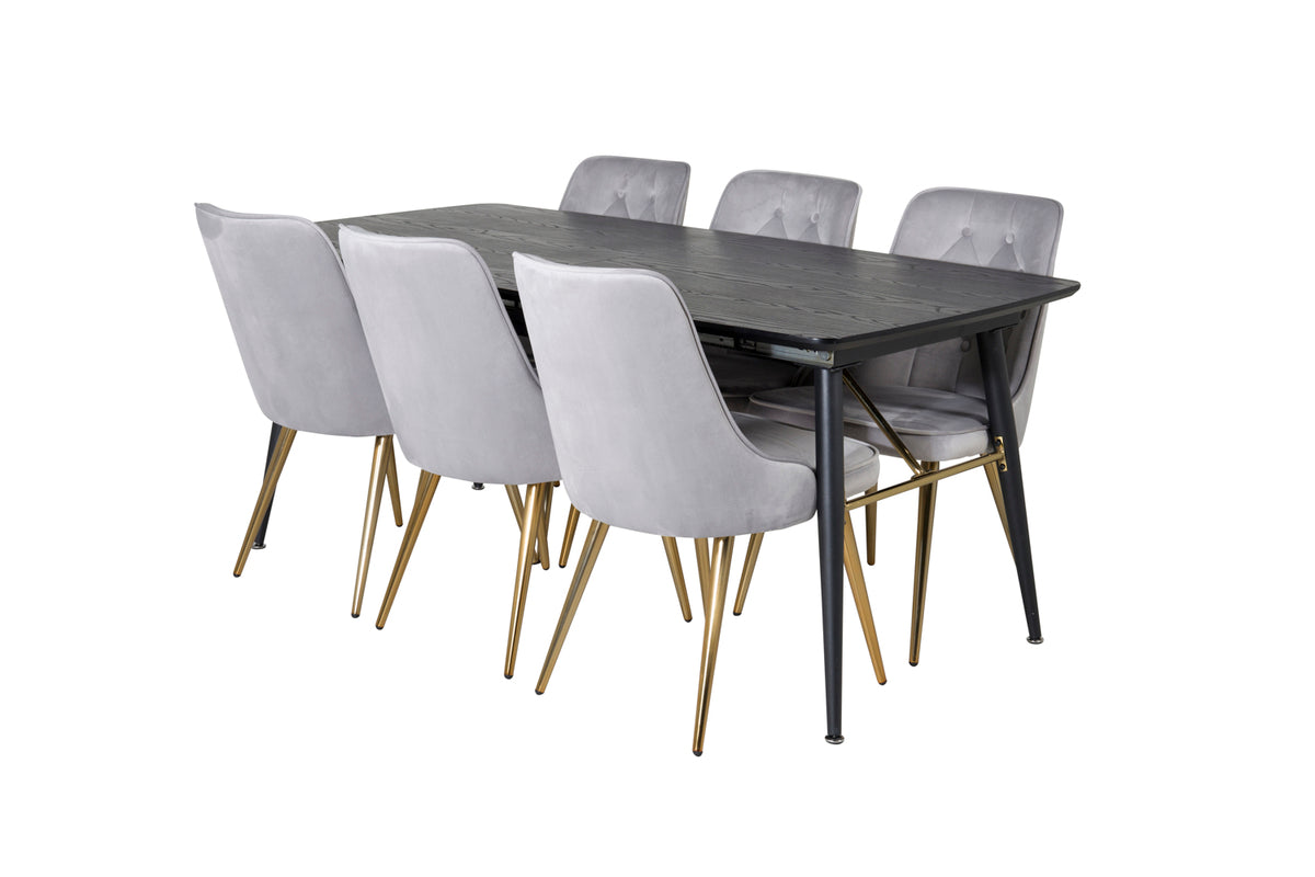 Venture Design Gold & Velvet Deluxe Matbord 85x180 + Matstolar Grå