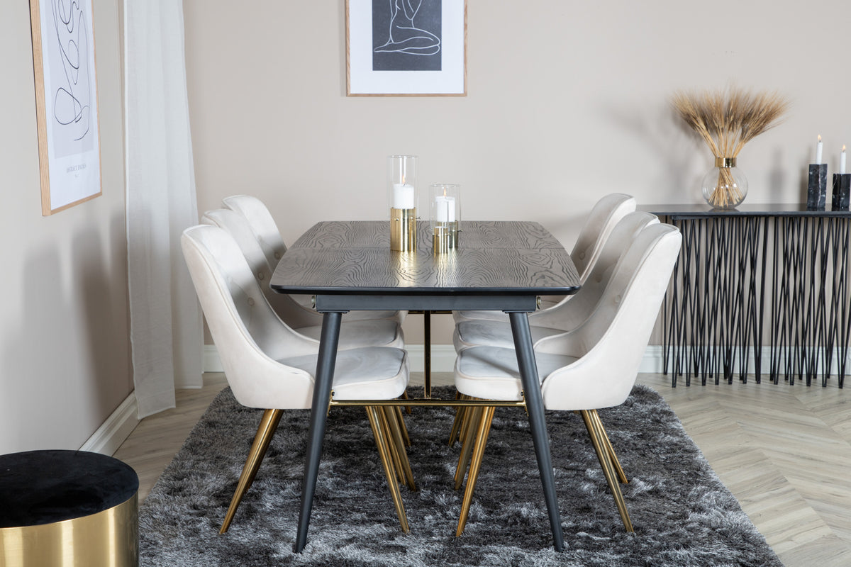 Venture Design Gold & Velvet Deluxe Rektangulära Matbord 180 x 85 Svart + Matstolar 2-pack Beige