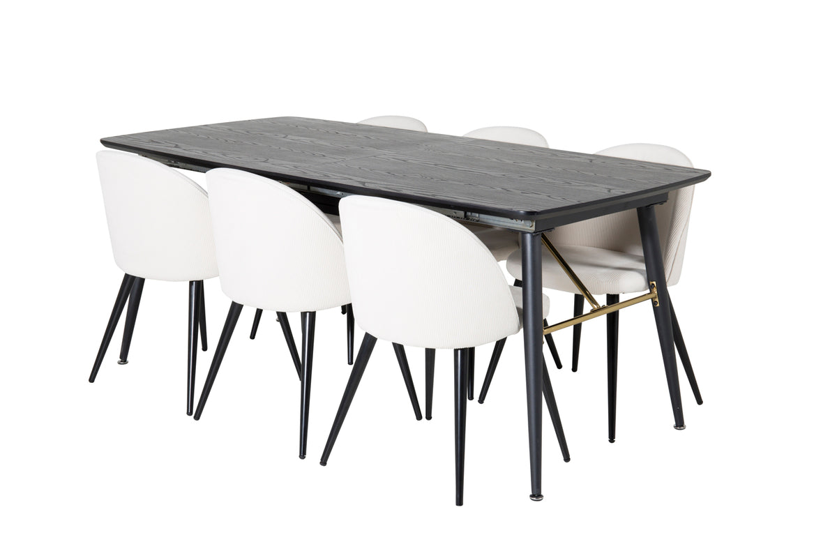 Venture Design Gold & Velvet Matbord 85x180 + Matstolar Vit