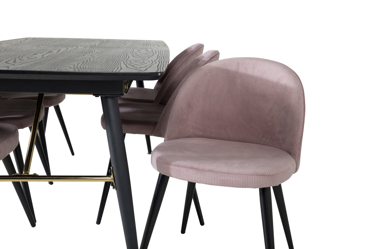 Venture Design Gold & Velvet Rektangulära Matbord 180 x 85 Svart + Matstolar 2-pack Gammelrosa
