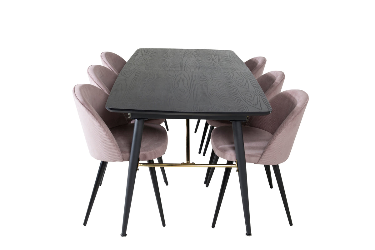 Venture Design Gold & Velvet Rektangulära Matbord 180 x 85 Svart + Matstolar 2-pack Gammelrosa