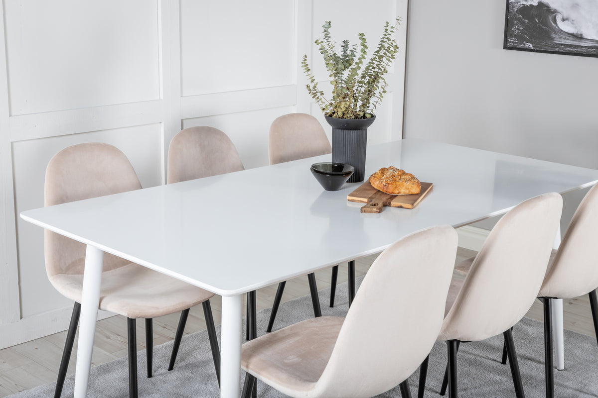 Venture Design Polar Rektangulära Matbord 180 x 90 Vit + Matstolar 2-pack Beige