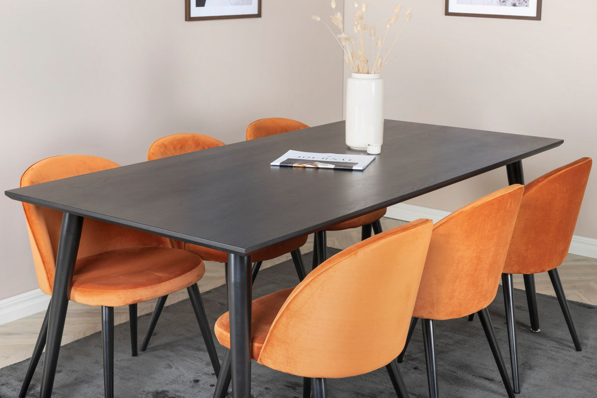 Venture Design Dipp & Velvet Rektangulära Matbord 180 x 90 Svart + Matstolar 2-pack Rostig orange